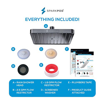 SparkPod Rain Shower Head, 8 Inch Square, Charcoal Grey Finish | High Pressure Shower Heads, 90 Nozzles, Adjustable Showerhead, No Tools Needed, Universal Connection - color: Charcoal Grey, style: 8 Inch Square