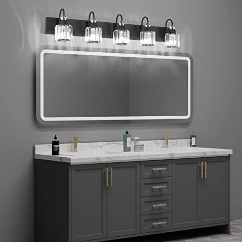 Ralbay Modern Crystal Black 5-Light Bathroom Vanity Light, Matte Black Crystal Bath Wall Light Fixtures - color: Round-Black, size: 5-light