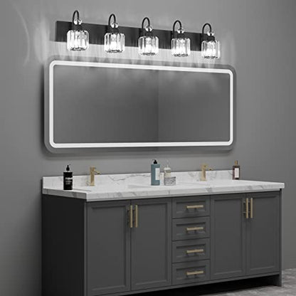 Ralbay Modern Crystal Black 5-Light Bathroom Vanity Light, Matte Black Crystal Bath Wall Light Fixtures - color: Round-Black, size: 5-light