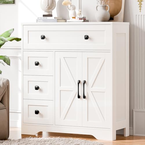 Vabches Farmhouse Storage Cabinet with 2 Doors and 4 Drawers, Unique White | Freestanding Bathroom Storage Cabinet Kitchen Pantry, Floor Hutch Cupboard for Living Room/Bathroom/Kitchen - color: White, style: 4 Drawers