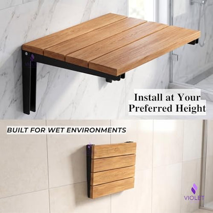 Folding Natural Color Solid Teak Wood Shower Seat, Foldable Shower Bench, Wall Mounted Folding Wooden Shower Stool, Inside Shower Handmade Fold Down Bath Seat