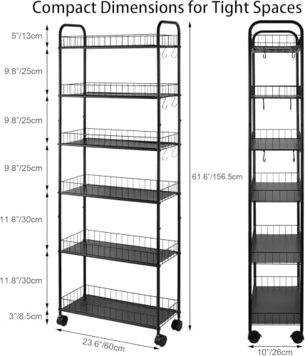 6-Tier Slim Rolling Storage Cart with Wheels, Narrow Metal Organizer Shelf Unit for Kitchen, Bathroom, Laundry Room, Office, Garage, Mobile Utility Storage Rack, Black, 10" Wide - size: 10" Wide