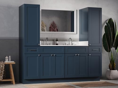 DISAR 78" Double Sink Bathroom Vanity with Dual Linen Storage Towers, Carrara Quartz Top and Ceramic Sinks, Solid Wood Frame, 4 Piece Design, 78" x 22" x 72" (Navy Blue) - color: Navy Blue