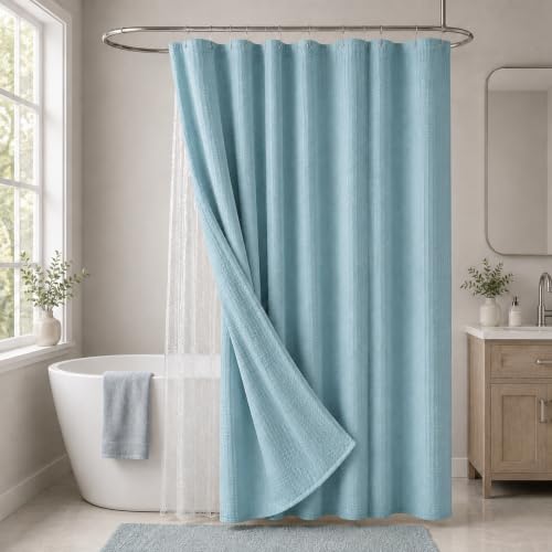 LaCyan 3 in 1 Waterproof Waffle Weave Shower Curtain and Clear Liner Set with 12 Stainless Steel Hooks Double Sided for Bathroom 72 Inches Heavy Duty Polyester Fabric Shower Curtains 72x72 - color: Teal, size: 72"W x 72"L (Pack of 3)