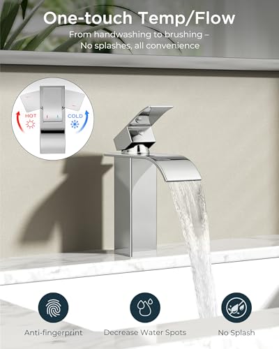 FORIOUS Bathroom Faucet 1 Hole, Waterfall Vanity Sink Faucet Chrome | Bathroom Sink Faucet 1 or 3 Hole, Square Single Handle with 24" cUPC Supply Line and Pop-up Drain, Fits RV Restroom Basin - color: Chrome