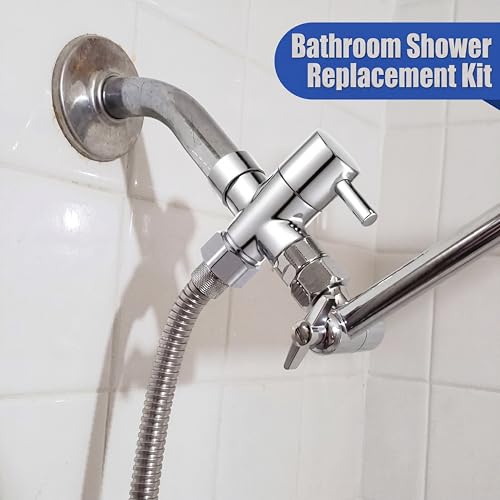 Dreyoo 3 Way Shower Head Splitter Kit, Brass G1/2 Diverter Valve with 118 Inch Stainless Steel Hose, Universal Shower Diverter for Dual Heads, Includes PTFE Tape - size: 118 in