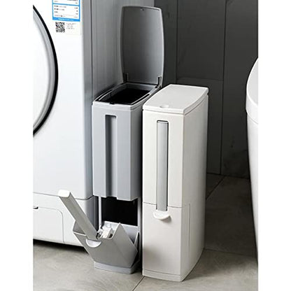 Slim Bathroom Trash Cans with Lid 4.4 Inches Wide/0.7 Gallon(3 Liters), Small Narrow Lidded Bathroom Trash Can with Toilet Brush for RV Camper, Tiny Garbage Can RV Accessories for Inside(Grey) - color: Grey