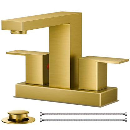 FORIOUS Gold Bathroom Faucet Centerset 4 Inch, Gold Vanity Faucet Remodel | CUPC Two Handle 4" Brushed Gold Centerset Bathroom Faucet 2 Hole with Accessories for Hospitality,Real Estate Procurement - color: Brushed Gold, style: Classic