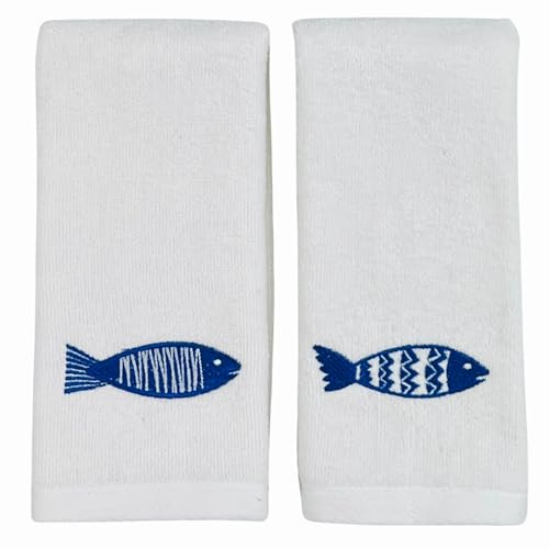 Serafina Home Summer Soft Absorbent Bathroom Coastal Guest Embroidered Fingertip Towels: Sealife Blue Fish Design, 2 Piece 12" x 18" Inches - color: Blue Fish