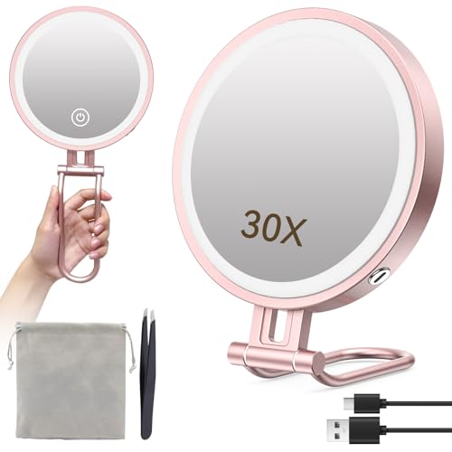 Travel Makeup Mirror with Lights,3000mAh Rechargeable 1X/30X Magnifying Mirror with Light, 7" Portable Lighted Beauty Mirror, Make Up Mirrors with 3 Light Colors, Dimmable Tabletop Handhold Hanging-G - color: 30x-rose Gold