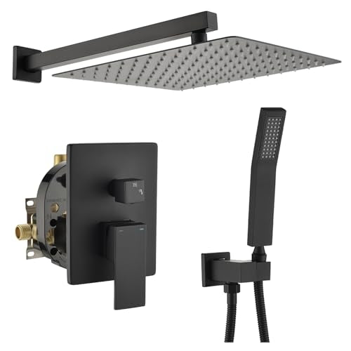 WELLFOR 12-In Wall Mounted Rain Shower Faucet with Single Handle and Handheld Spray, Waterfall Dual Head Shower Head System with 2-way Diverter, Pressure-balanced Valve Included, Matte Black - color: Matte Black, style: Wall Mount 12-Inch