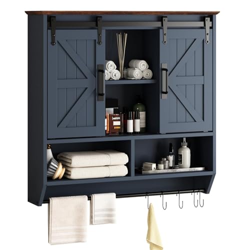 RUSTOWN Farmhouse Bathroom Wall Storage Cabinet with Sliding Barn Doors | 3-Tier, Rustic Wood Wall Mounted Cabinets, Vintage Medicine Cabinet, Adjustable Shelves, Over The Toilet Storage Cabinet - color: Navy Blue