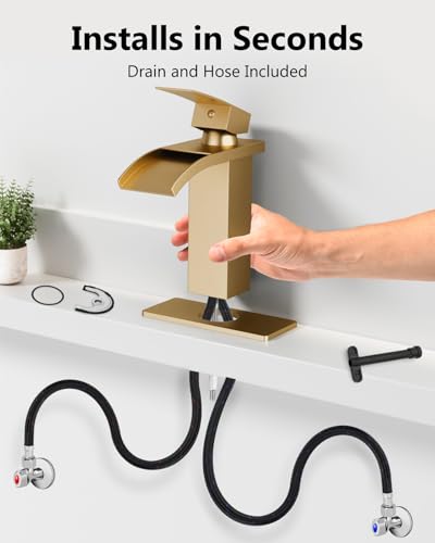 Gold Waterfall Bathroom Faucet 1-Handle Vanity Faucet | Stainless Steel Modern Bathroom Sink Faucet,Pop-Up Drain, Supply Lines 6-in Deck Plate, 1- or 3-Hole, NSF Certified - color: Gold
