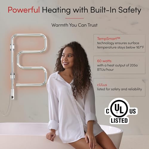 WarmlyYours Elements Heated Towel Rack, 4 Bars, Swivel | Wall-mounted swivel electric towel warmer, polished chrome, plug-in drying rack for bathroom, gentle even warmth