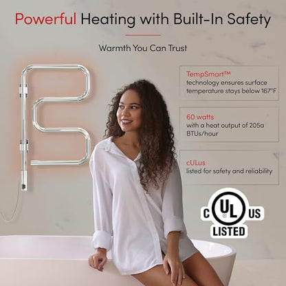 WarmlyYours Elements Heated Towel Rack, 4 Bars, Swivel | Wall-mounted swivel electric towel warmer, polished chrome, plug-in drying rack for bathroom, gentle even warmth