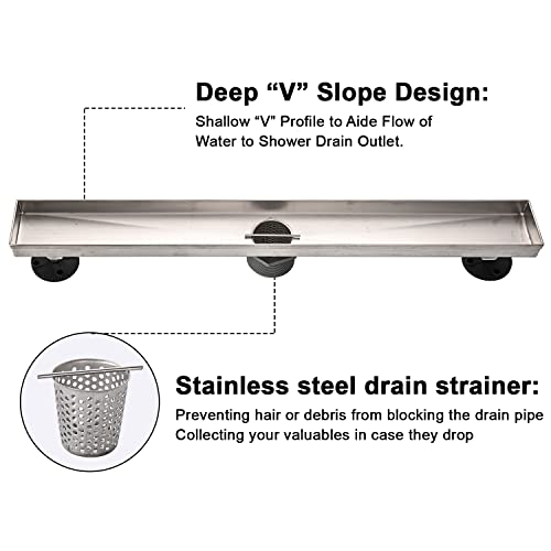 AVSIILE Linear Shower Floor Drain, 18 Inch Brushed Nickel 304 Stainless Steel Bathroom Drains Kit, Rectangular Shower Trench Drain with Reversable Tile-in Pattern Drain Cover & Hair Catcher - color: Brushed Stainless, size: 18 Inch