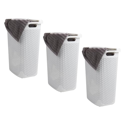 Mind Reader Slim Laundry Hamper with Lid, 60L Tall Clothes Baskets, Narrow Tapered Design for Bathrooms Closets and Laundry Rooms, Plastic, 3 Pack, White - color: White