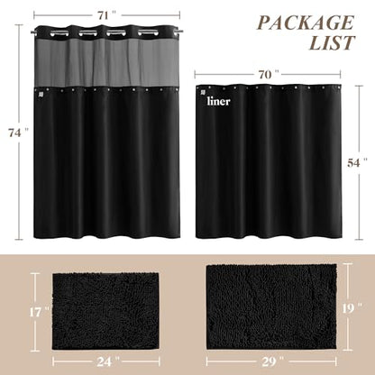 Barossa Design 3 Pcs 71x74 No Hook Shower Curtain Set with Bath Rugs Black | Mesh Window Top, 17Wx24L plus 19Wx29L Chenille Non-Slip Bath Mat, Snap-in Liner - color: Black