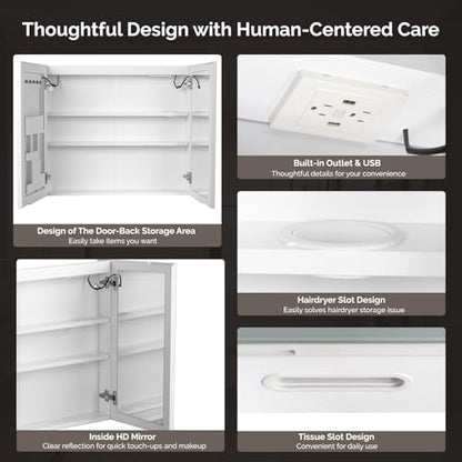 VINGLI Lighted Medicine Cabinet with Mirror Bathroom Mirror Medicine Cabinet Wall Mounted with Storage LED Lights Charging Station Defogger Modern Bathroom Mirrors for over Sink with Storage (32"*28") - size: 5.9"D x 31.5"W x 27.58"H