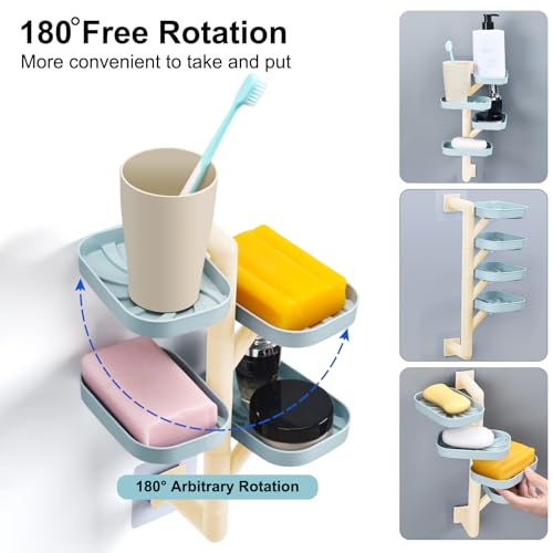 Soap Holder Four Layer Wall Mounted NO-Drilling Rotatable Self-draining Removable Soap Dish for Shower Bathroom Tray,Self Draining Sponge Holder,Razor Holder (Blue/Ecru) - color: Blue/Ecru