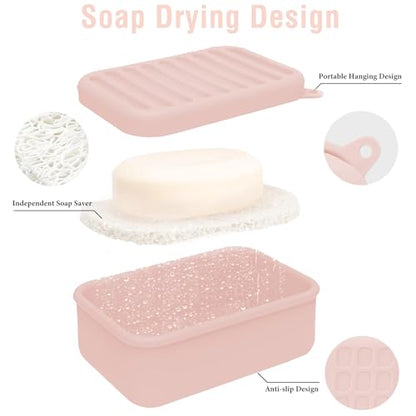 Silicone Travel Soap Case with Lid & Drain Tray, Leakproof, for Travel | Food-grade silicone, Leakproof seal, Built-in hook, Removable drain pad doubles as soap holder, For gym, travel, camping - color: Pink