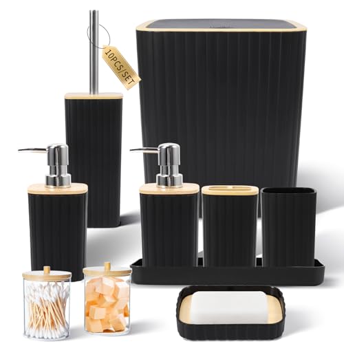 XLHOMO Bathroom Accessories Set - Elegant Black Bathroom Set, 10PC Bathroom Accessory Set, Toilet Brush, Trash Can, Qtip Holder Dispenser & Soap Dispenser - size: Bath Set, style: Black