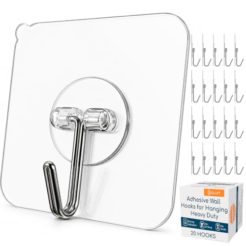Adhesive Wall Hooks for Hanging, Heavy Duty No Drill, 22 lbs, 20 Pack | GLUIT Adhesive Wall Hooks for Hanging, Transparent Waterproof Sticky Towel Hook for Bathroom Kitchen Home Outdoor - size: Medium, 20 pcs