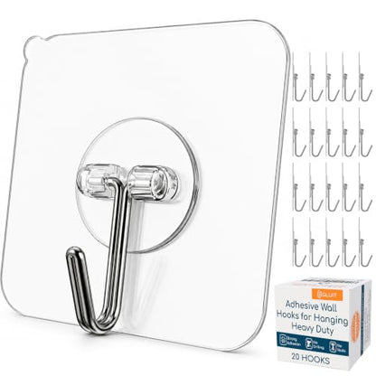 Adhesive Wall Hooks for Hanging, Heavy Duty No Drill, 22 lbs, 20 Pack | GLUIT Adhesive Wall Hooks for Hanging, Transparent Waterproof Sticky Towel Hook for Bathroom Kitchen Home Outdoor - size: Medium, 20 pcs