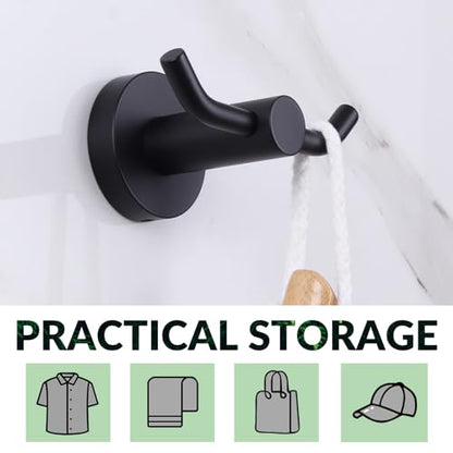 APLusee Matte Black Double Towel Hook for Bathroom, Entryway, Wall Mounted | Robust 304 Stainless Steel, Resist Rust & Corrosion, Heavy-duty 11lbs Robe Hook for Towel, Clothes, Bag, Kitchen or Outdoors