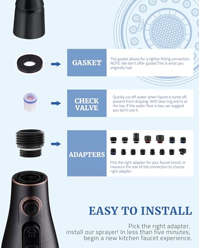 Kitchen Faucet Spray Head Replacement, Pull Down Sprayer with 15 Adapters | Pull Out Faucet Spray Nozzle, 3 Modes Stream/Spray/Strong Spray, DOE CEC Certified, Simple Installation, Oil Rubbed Bronze - color: Oil Rubbed Bronze
