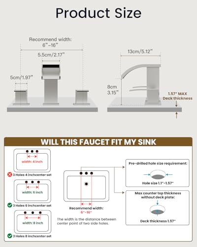 gotonovo Waterfall Bathroom Faucet 3 Hole Square Body,Brushed Nickel | SUS304 8’’ Widespread Bathroom Sink Faucet,2.17’’ Wide Spout,24’’ cUPC Hose,Pop Up Drain,2 Handle,Vanity,Lavatory,Basin,RV - color: Nickel