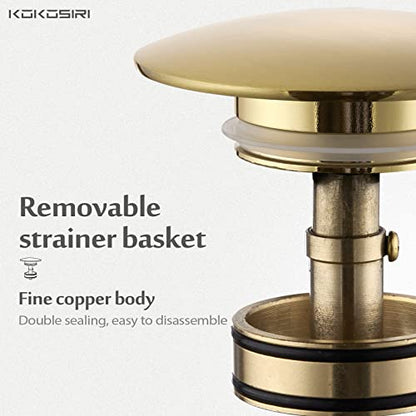 KOKOSIRI Pop Up Sink Drain with Strainer Basket, Brushed Gold Bathroom Sink Drain with Detachable Hair Catcher Anti Clogging for Vanity Vessel Sink Without Overflow, C1002BG - color: Brushed Gold