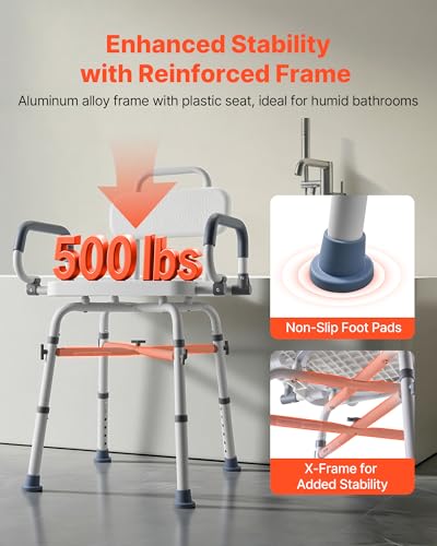 VEVOR Swivel Shower Chair with Arms and Back, 500 lbs Heavy Duty Bench Seat for Inside Shower Stall and Bathtub, Height Adjustable Bathroom Bath Tub Seat for Adults, Seniors, Elderly and Disabled