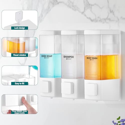 Pollock Shampoo and Conditioner Dispenser 3 Chamber * 500ML | Shower Soap Dispenser Wall Mounted, Body Wash Dispenser No Drill, Refillable Shower Dispenser for Bathroom - color: Blk-zt-53-w3