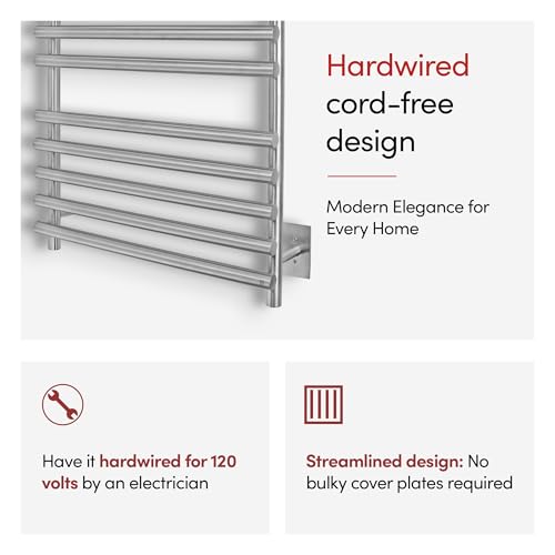 WarmlyYours Rome Heated Towel Rack, 10 Bars, Brushed Steel, Hardwired | Wall-mounted electric towel warmer for bathrooms, 10 heated bars, brushed stainless steel, hardwired connection
