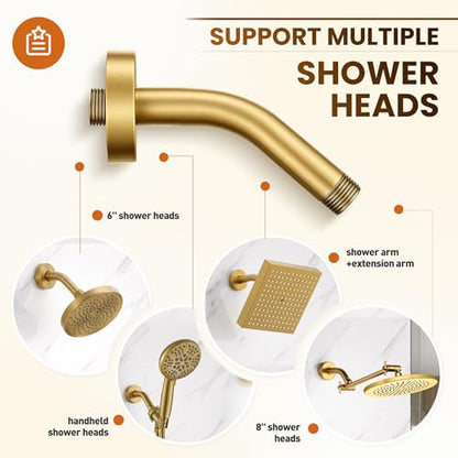 Brushed Gold Shower Arm 6" Shower Extension Arm with Flange and Teflon Tape, Solid Brass Construction 1/2″ NPT, Close to Wall Shower Replacement for for Shower Head & Handheld Shower Head - color: Brushed Gold