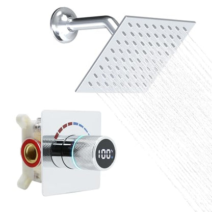 6 Inch Digital Display Shower Head System 6 Inch Head with Valve Shower System with Valve Bathroom Bath System (Polished Chrome) - color: Polished Chrome, style: 6 "shower head