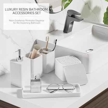 White Bathroom Accessories Set 5 Pieces, Resin Toothbrush Holders Set Complete with Soap Dispenser, Toothbrush Holder, Vanity Tray, Bathroom Tumbler and Qtip Holder for Small Spaces - size: 5 Pcs Bathroom Set, style: White