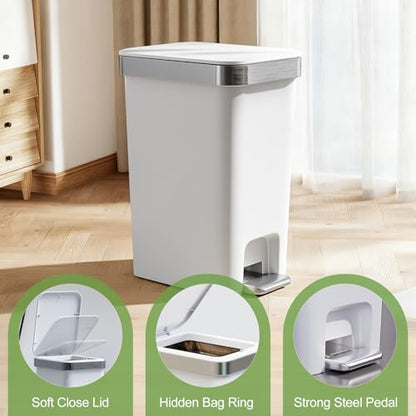 Slim Bathroom Trash Can With Lid, 2.6 Gallon /10 Liter Small Wastebasket, Press Top Bin & Step Metal Pedal Trash Bin, Mini Plastic Garbage Cans for Bedroom, Office, Kitchen, Dorm (grayish-white) - color: Grayish-white-1 Pack