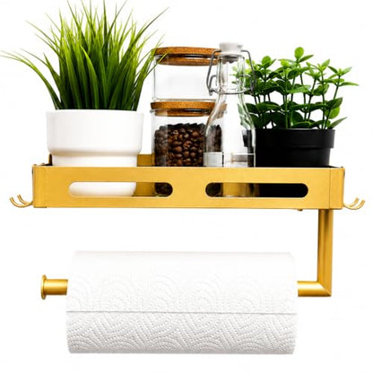 Gold Paper Towel Holder Wall Mount with Shelf, Easy One Hand Tear, Adhesive Glue or Drill Mount Hanging Paper Towel Holder with Shelf for Kitchen/Bathroom/RV, Metal, 4 Hooks - color: Golden