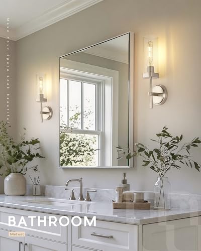 Set of 2 Brushed Nickel Bathroom Sconces, Square Clear Glass | Modern bathroom vanity light fixtures, upward-only mount, E26 base, hardwired, bulbs not included, VL262-BN-2PK - color: Brushed Nickel-Square Clear Glass, 2-Pack