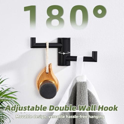 Swivel Towel Hook for Bathrooms with 2 Rotating Arms, Matte Black | Rustproof 304 Stainless Steel, Heavy Duty 11 lbs Double Wall Hook for Towel, Coat, Bag, Kitchen or Entryway, Drilling Mounted