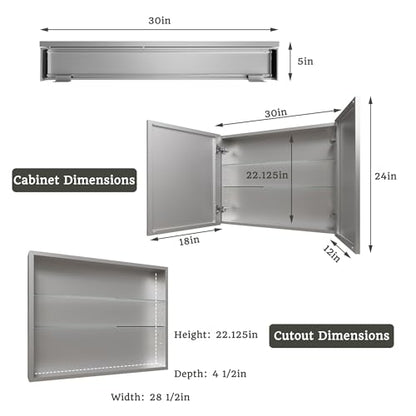 30 x 24 in Medicine Cabinet with Mirror and Side Panels, Silver | Surface or Recessed Medicine Cabinet Mirror with Storage, Adjustable Shelves, Aluminum Alloy Frame, Assembly Required - size: 30''x24''