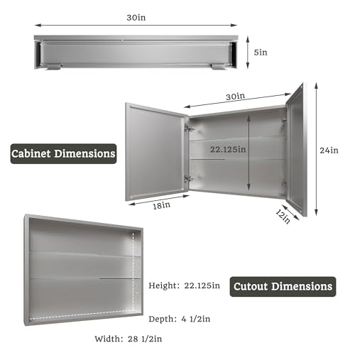 30 x 24 in Medicine Cabinet with Mirror and Side Panels, Silver | Surface or Recessed Medicine Cabinet Mirror with Storage, Adjustable Shelves, Aluminum Alloy Frame, Assembly Required - size: 30''x24''