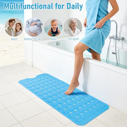 Silicone Anti Slip Bathtub Mat Bath Shower Non-Slip 35x16 for Standard Tub Kids for Elderly Safety Large Thick with Sensory Acupressure Textured Strong Suction Cups & Drain Holes Easy Clean & Dry - color: Blue