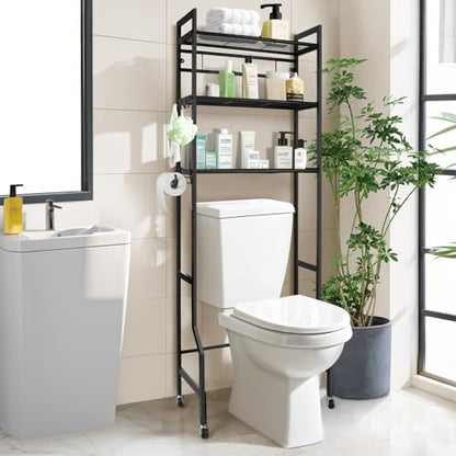 IIQ 3-Tier Metal Bathroom Organizer Shelf, Over The Toilet Storage,Freestanding Above Toilet Rack with Universal Wheels Toilet Paper 2 Holder Hooks,Simple Morden