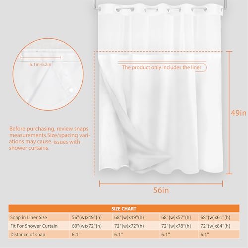 Tititex Fabric Snap-in Replacement Shower Curtain Liner 56x49 Inch Waterproof Removable with Magnets (Fits 60x71 Inch Bath Curtain), White - size: 56"W x 49"L (Pack of 1)