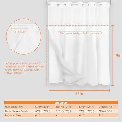 Tititex Fabric Snap-in Replacement Shower Curtain Liner 56x49 Inch Waterproof Removable with Magnets (Fits 60x71 Inch Bath Curtain), White - size: 56"W x 49"L (Pack of 1)