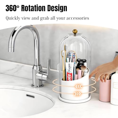 JEESA Dustproof Toothbrush Holder with Cover, Transparent/White | 360° Rotating, 180° Sliding Lid, 3 Slots, Toothbrush Organizer, for Bathroom Countertop - color: Transparent/White