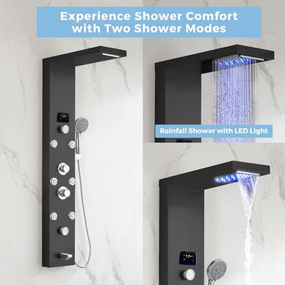 DELAVIN LED Stainless Steel Shower Tower, 5-Function Shower Panel Tower | Temperature Display, with Rainfall Waterfall Shower Head, Massage Body Jets, Tub Spout, Handheld Shower, Brushed Black - color: Brushed Black, style: 8 Body Jets With LED